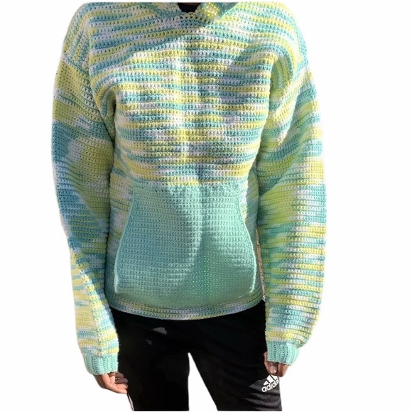 Handmade custom Knit Women's Sweater sXS - small green yellow pullover hoodie - Picture 2 of 6